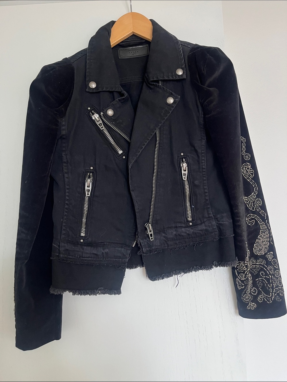 Navy blue Embroidered Sleeve Moto Jacket - Women's